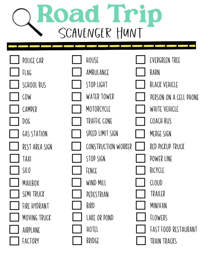 Road Trip Scavenger Hunt For Kids Free Printable